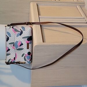 Fossil Genuine Leather Crossbody Bag in Gray with Flower Pattern